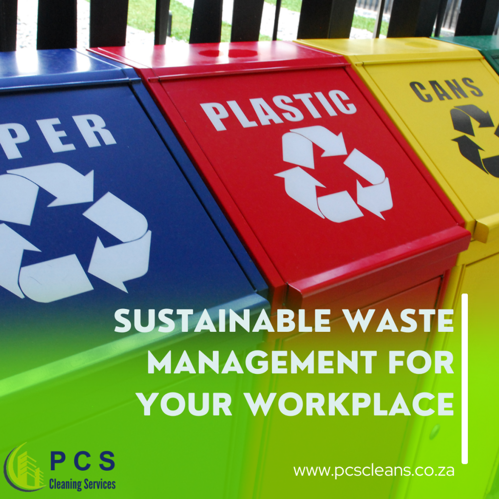 Color coded recycling bins for waste management in a workplace